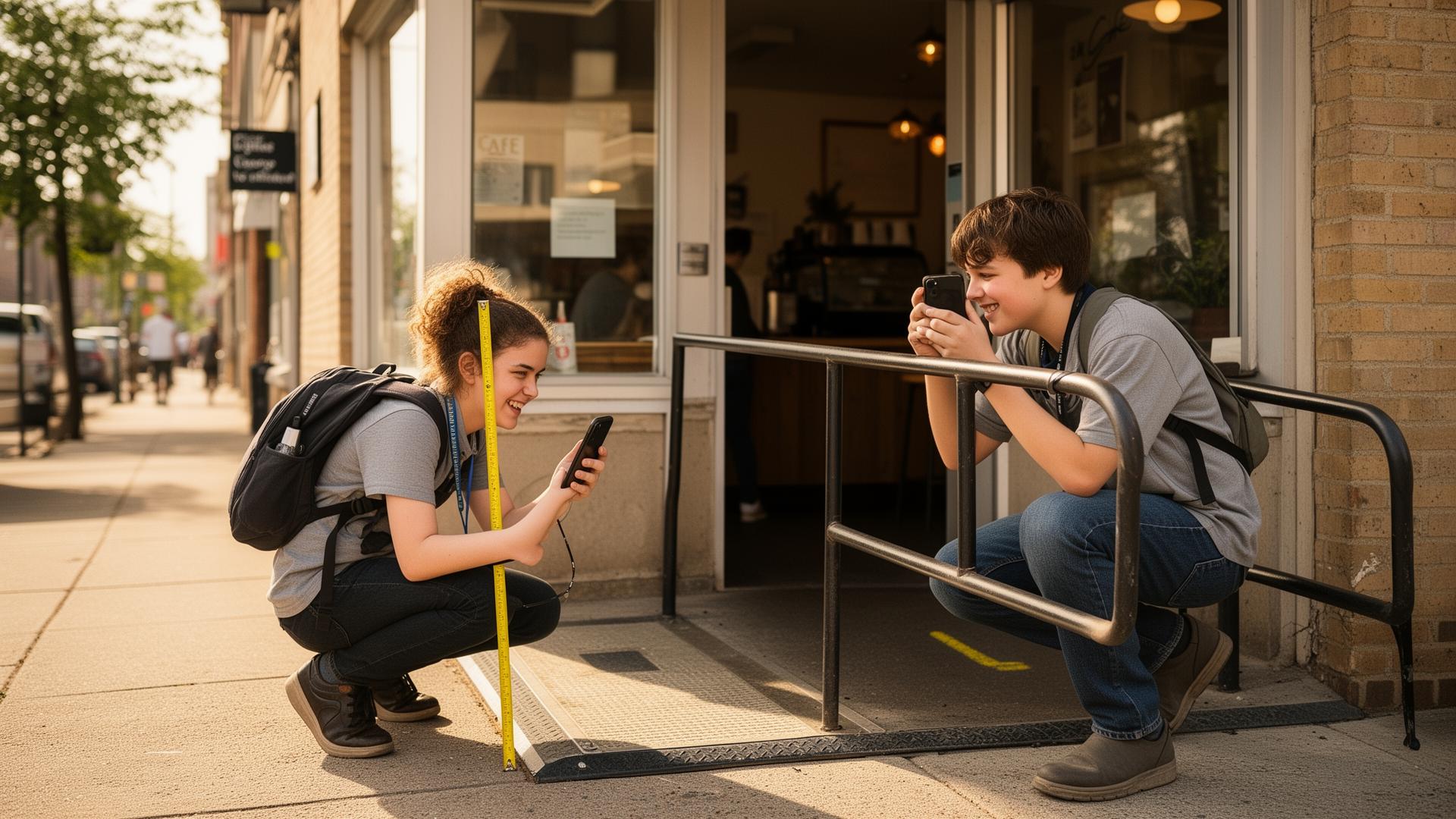 Contributor photographing an accessible business entrance for an AbleVu profile