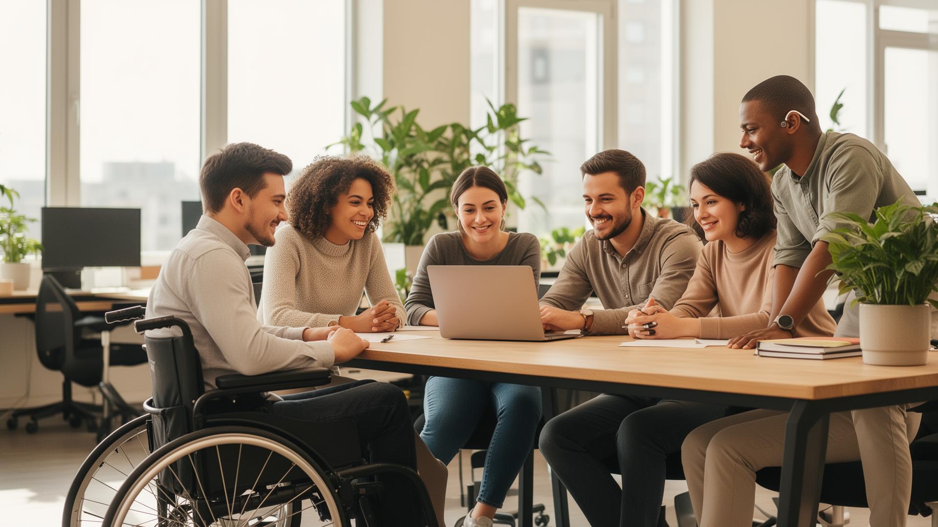 Diverse small AbleVu team collaborating around a laptop