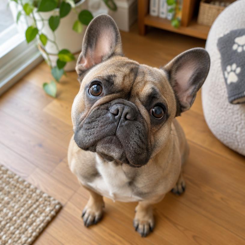 A French Bulldog sitting and looking up