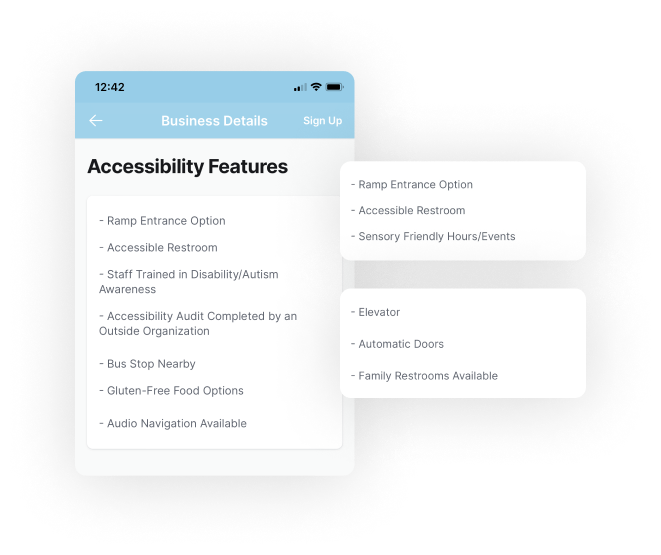 A list of accessibility features that you can see within a business's AbleVu profile